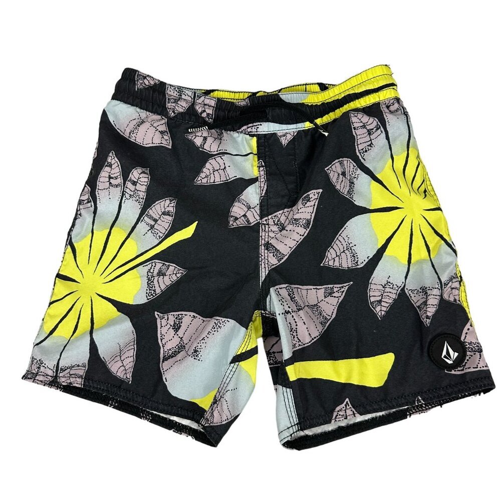 Volcom Boys' XS Swim Trunks Floral Print Polyester Black/Yellow